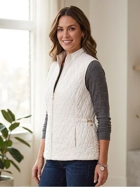 Croft & Barrow White Quilted Vest XL Gold Hardware Adjustable Waist